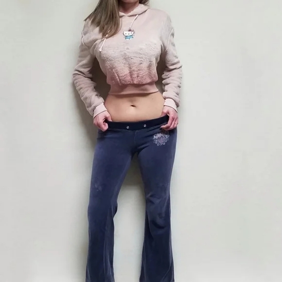 Vintage 90s Baby Phat Blue Velour Hot Pink Embroidered Low Rise Flare Track Pant - Picture 2 of 10